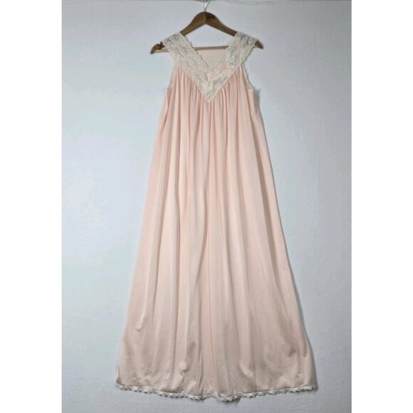 VTG Shadowline Satin Long Nightgown S Peach Sleeveless V-Neck Lace Embr Flowers - Picture 13 of 13